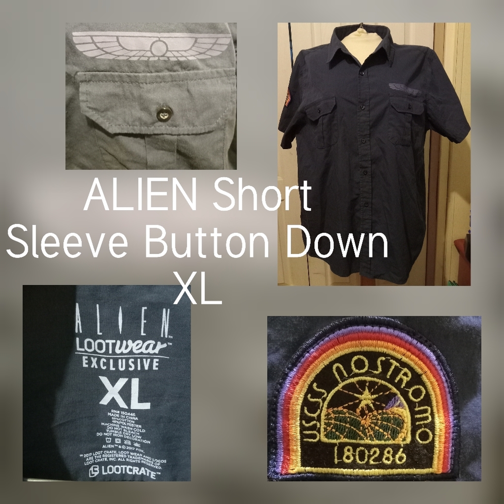 ALIEN Blue Short Sleeve Button Down LOOTwear shirt, XL